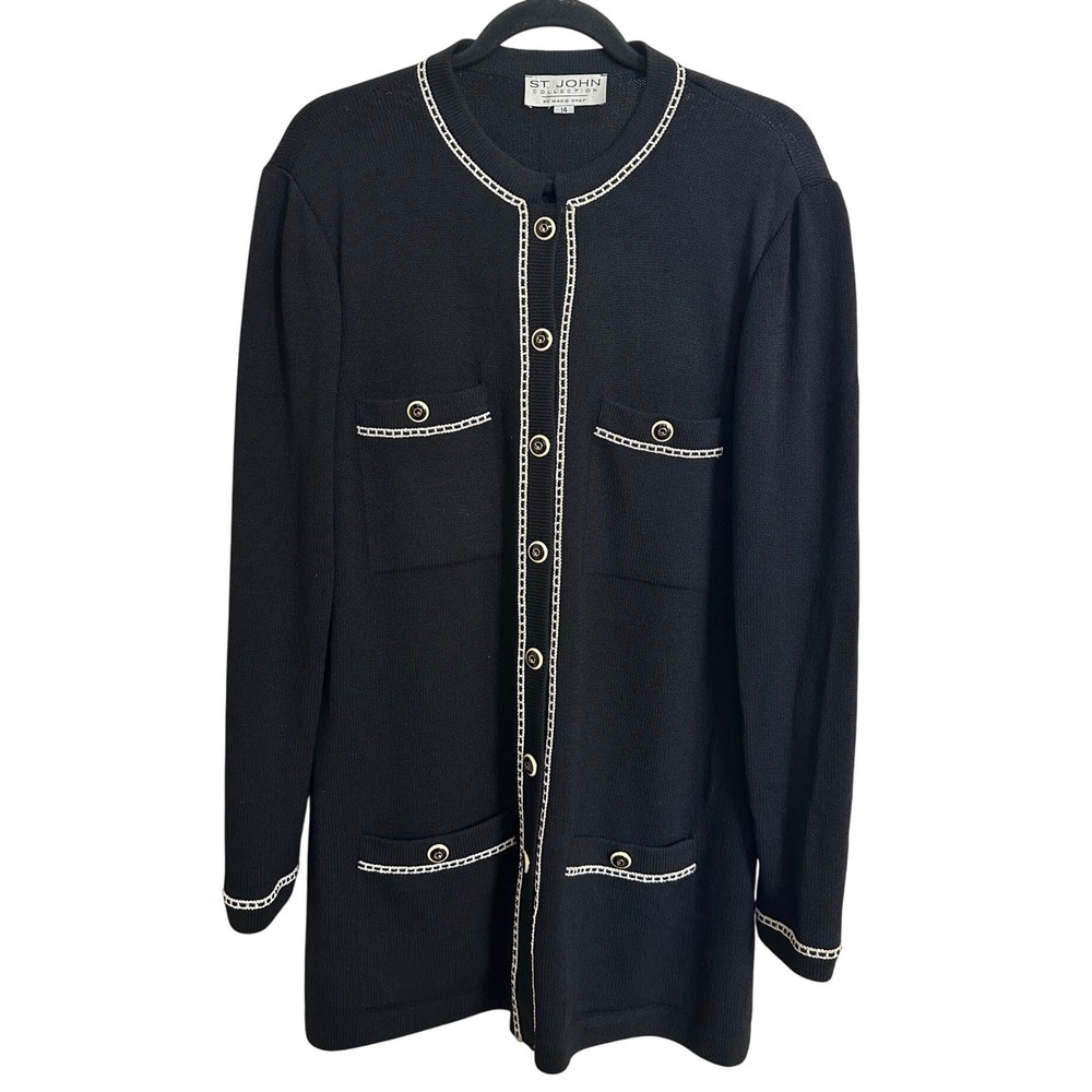 Vintage St. John Collection Black Knit Contrast Trim Jacket Cardigan 14